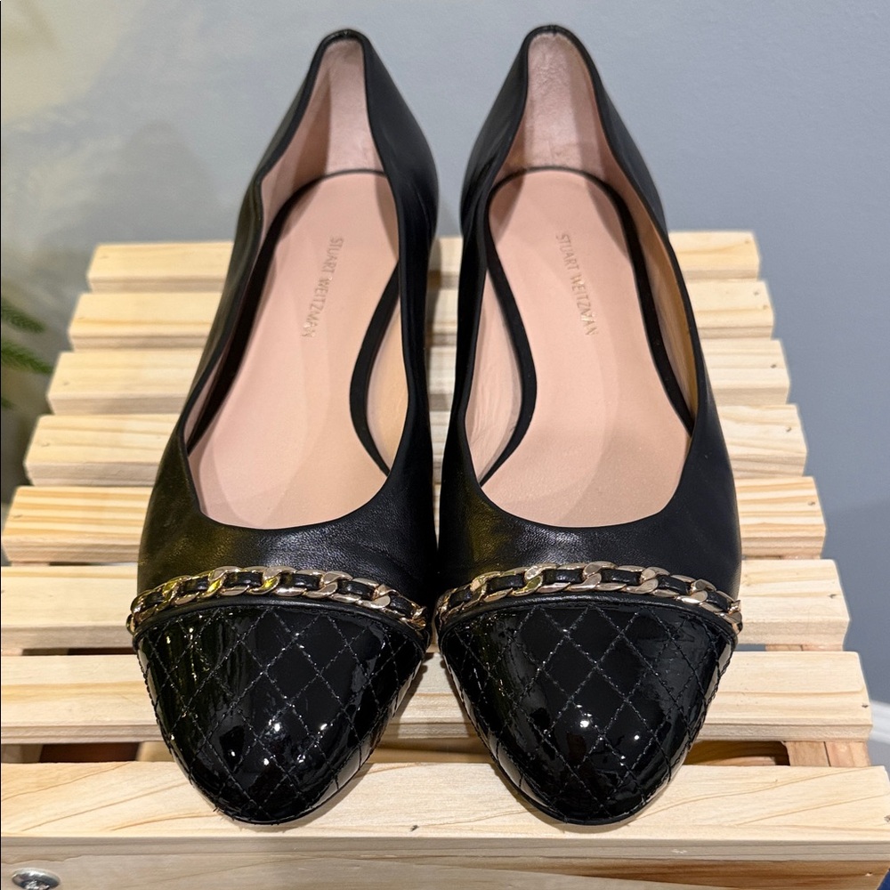 Stuart Weitzman Black Quilted Chain Detail Flats Size 8